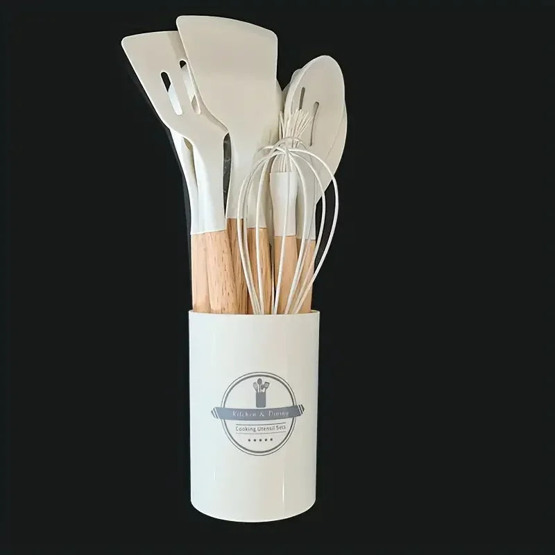 12pcs Set of Multi-color Silicone Wooden Handle Kitchenware Set, Heat-resistant