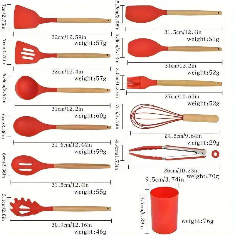 12pcs Set of Multi-color Silicone Wooden Handle Kitchenware Set, Heat-resistant