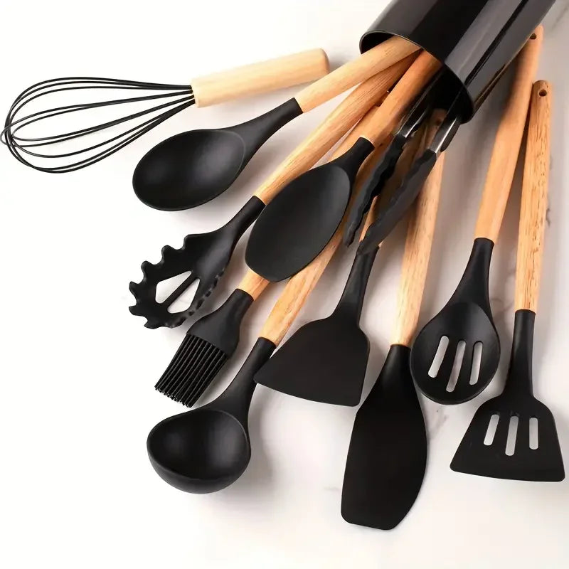12pcs Set of Multi-color Silicone Wooden Handle Kitchenware Set, Heat-resistant