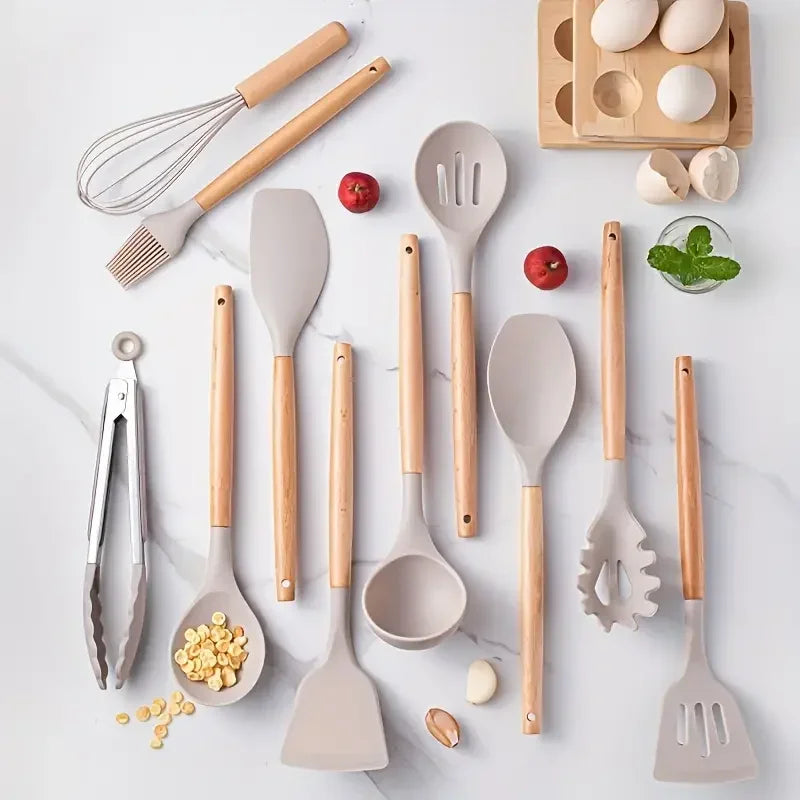12pcs Set of Multi-color Silicone Wooden Handle Kitchenware Set, Heat-resistant