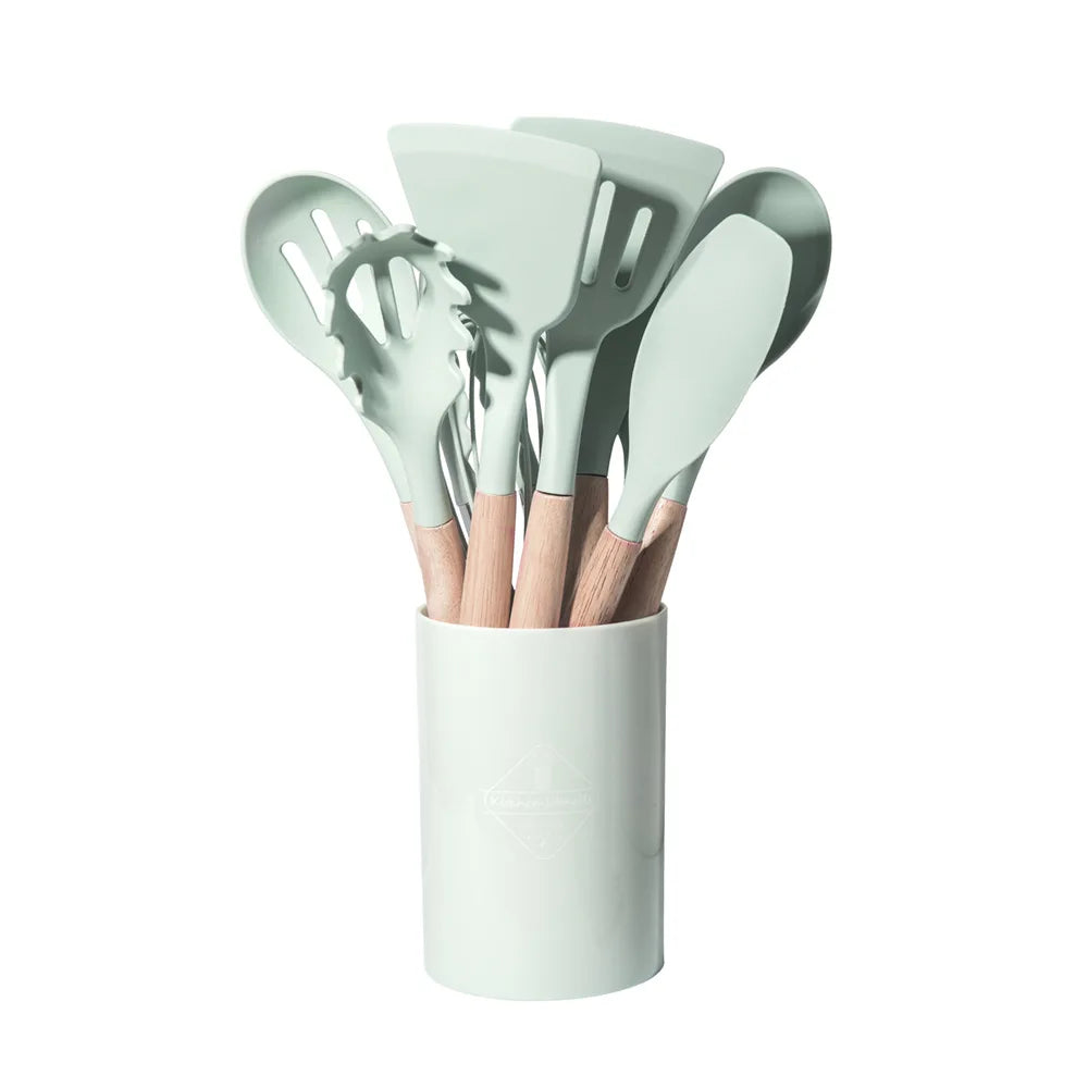 12pcs Set of Multi-color Silicone Wooden Handle Kitchenware Set, Heat-resistant