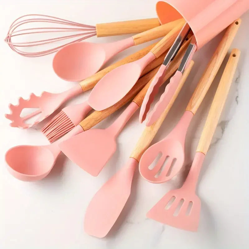12pcs Set of Multi-color Silicone Wooden Handle Kitchenware Set, Heat-resistant