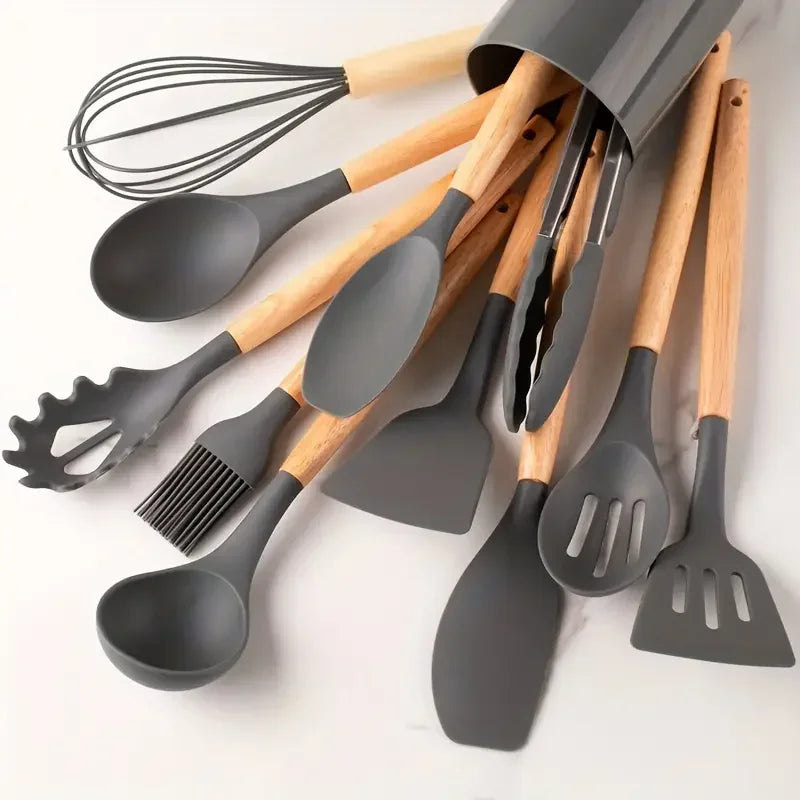 12pcs Set of Multi-color Silicone Wooden Handle Kitchenware Set, Heat-resistant