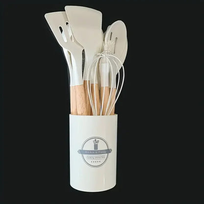 12pcs Set of Multi-color Silicone Wooden Handle Kitchenware Set, Heat-resistant