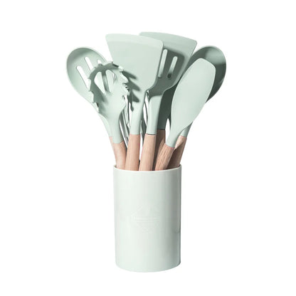 12pcs Set of Multi-color Silicone Wooden Handle Kitchenware Set, Heat-resistant