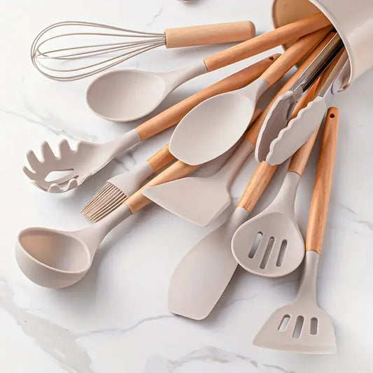 12pcs Set of Multi-color Silicone Wooden Handle Kitchenware Set, Heat-resistant